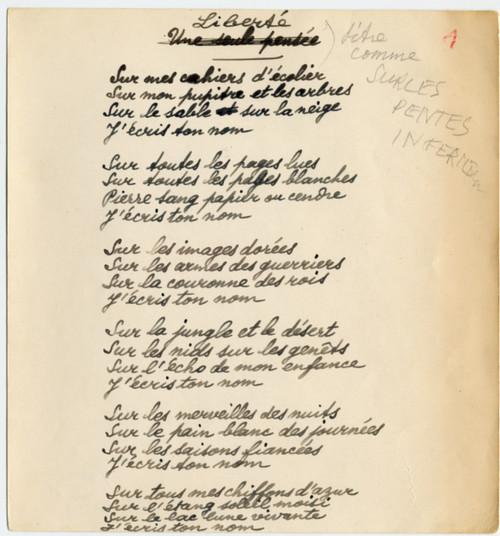 Manuscrit du poème "Liberté" de Paul Eluard (1942) avec annotation de l'éditeur (Coll."Musée de la Résistance nationale" à Champigny-sur-Marne / Fonds Noël Arnaud - Les éditions de la Main à Plume) 