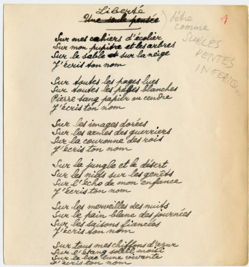 Manuscrit du poème "Liberté" de Paul Eluard (1942) avec annotation de l'éditeur (Coll."Musée de la Résistance nationale" à Champigny-sur-Marne / Fonds Noël Arnaud - Les éditions de la Main à Plume)
