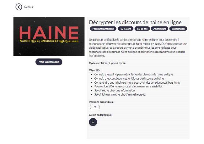 Interface du parcours "Décrypter les discours de haine en ligne". 