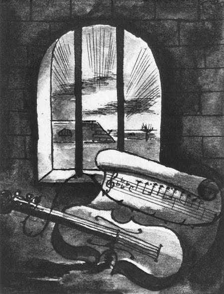 Nature morte : un violon et une partition de musique derrière des barreaux de prison, par Bedrich Fritta, Terezin, République tchèque, 1943. Source : United States Holocaust Memorial Museum
