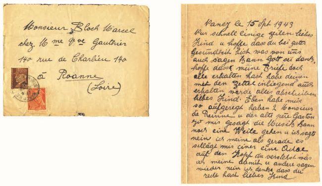 Fac-similé de l'enveloppe et d'une lettre d'Irma à son fils Marcel. 