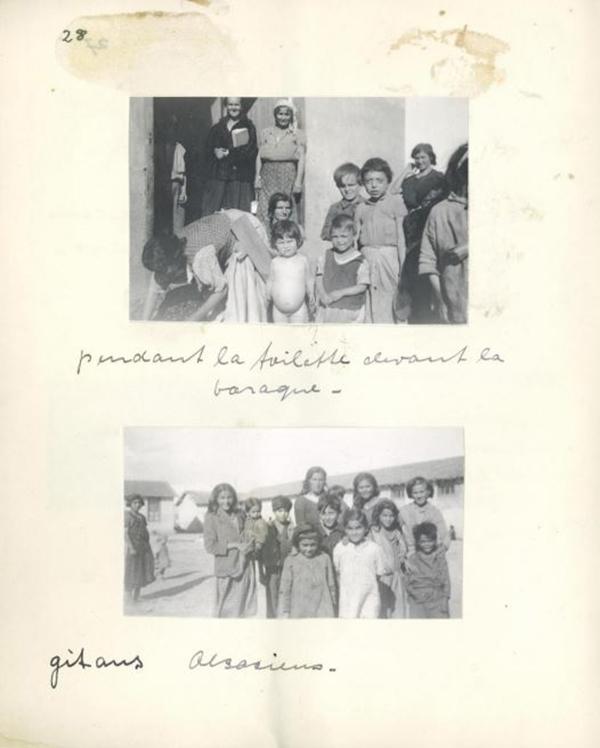 Photographies figurant dans l’"album de Rivesaltes", qui réunit des clichés pris entre novembre 1941 et novembre 1942 par Friedel Bohny-Reiter, infirmière du Secours suisse aux enfants. La légende "Gitans alsaciens" interroge : comment ces familles originaires d’Alsace se sont-elles retrouvées internées à Rivesaltes, au nord de Perpignan ? 